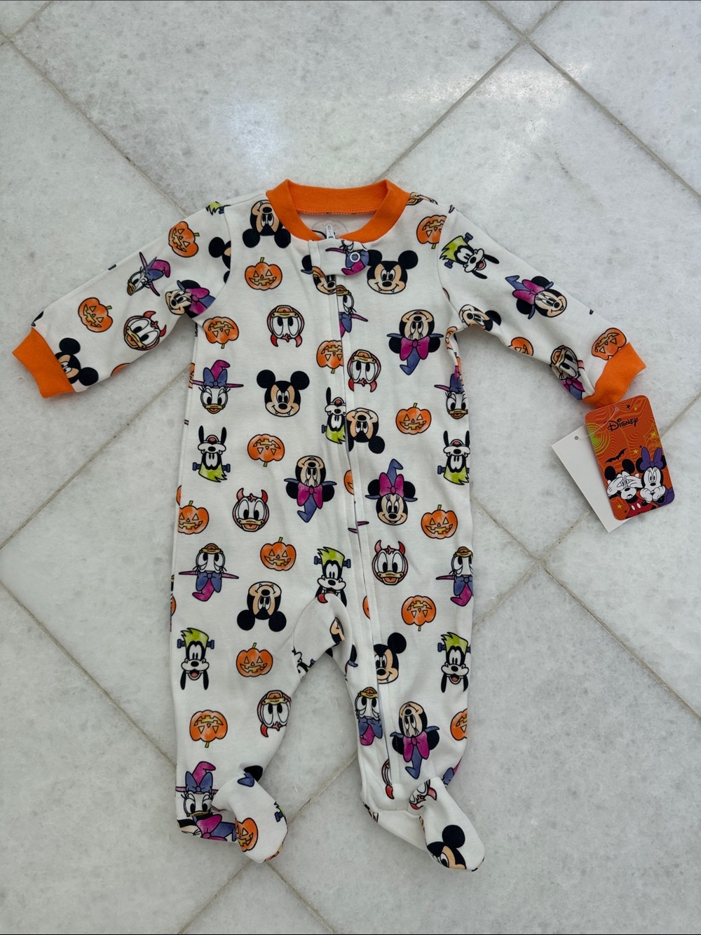 Halloween Character Print Orange-Trim One-Piece for Kids, Newborn, 0/3M